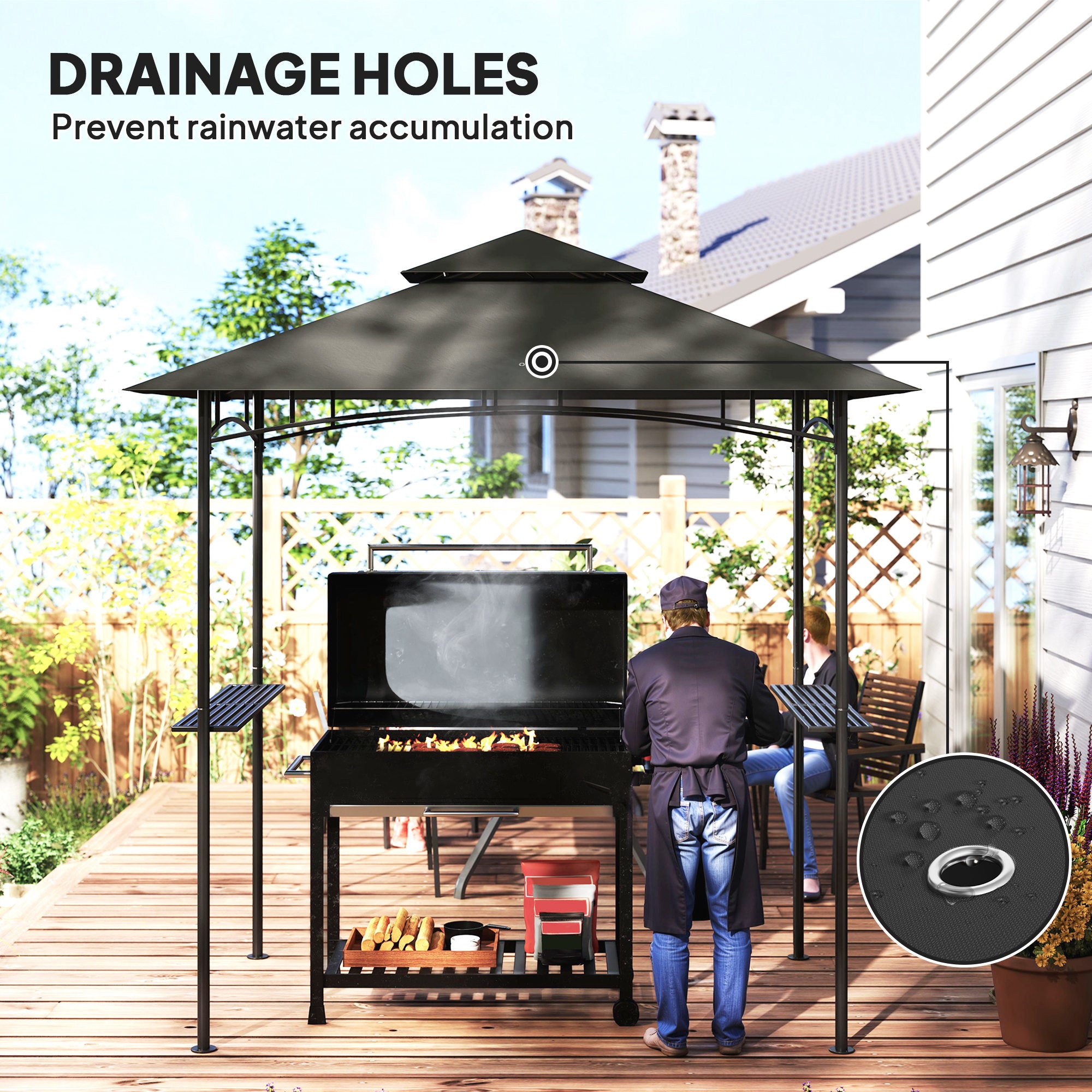 8' X 5' Grill Gazebo, Double Tiered BBQ Gazebo Shelter Canopy With LED Lights, 2 Side Shelves, Hooks, Dark Grey