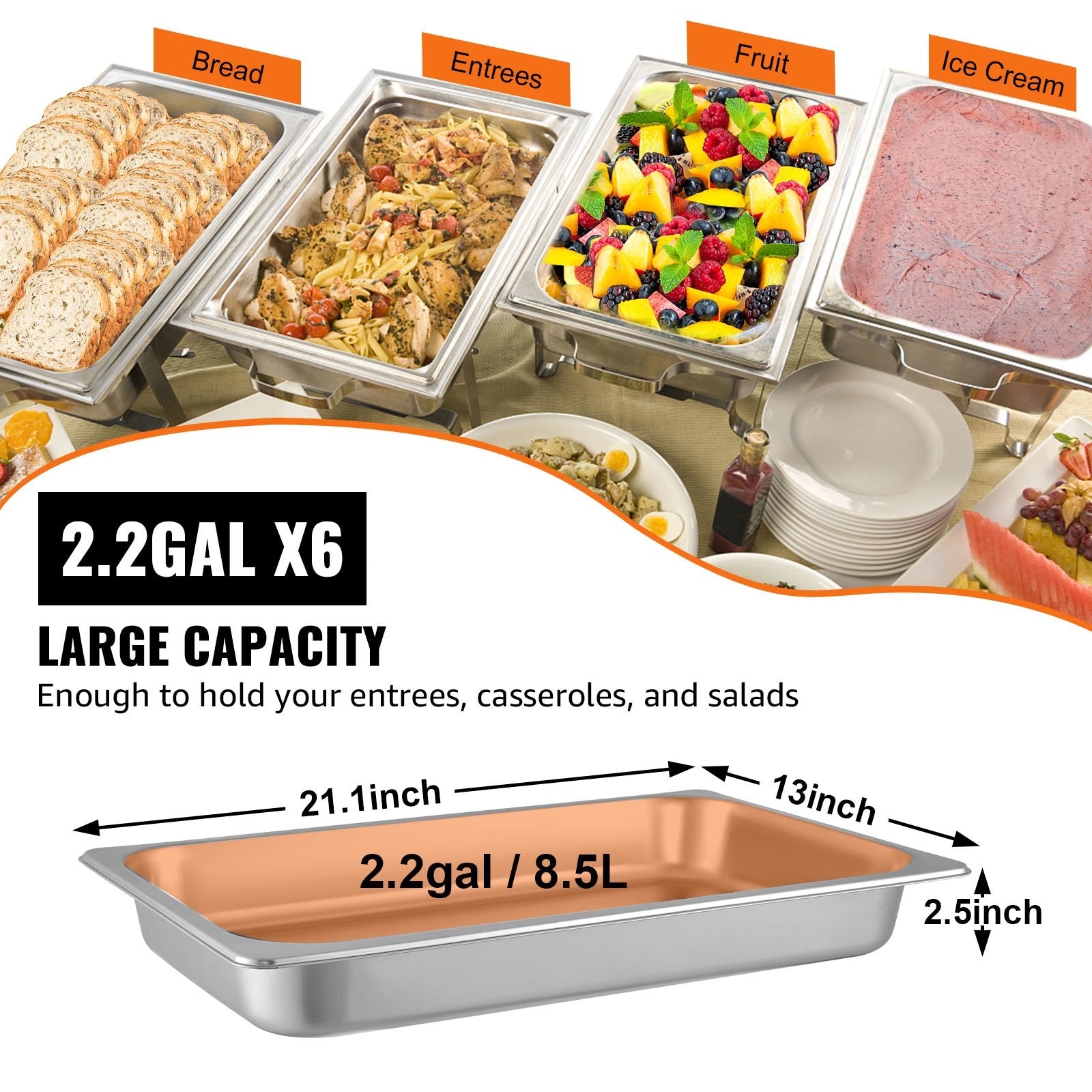 6 Pack Steam Table Pans 20.9 X 12.8 X 2.6 Inch Deep Steam Table Pan Full Size 8.5L Deep Food Container Stainless Steel Oven Tray Hotel Pans Anti-Jam Steam Table Food Pan