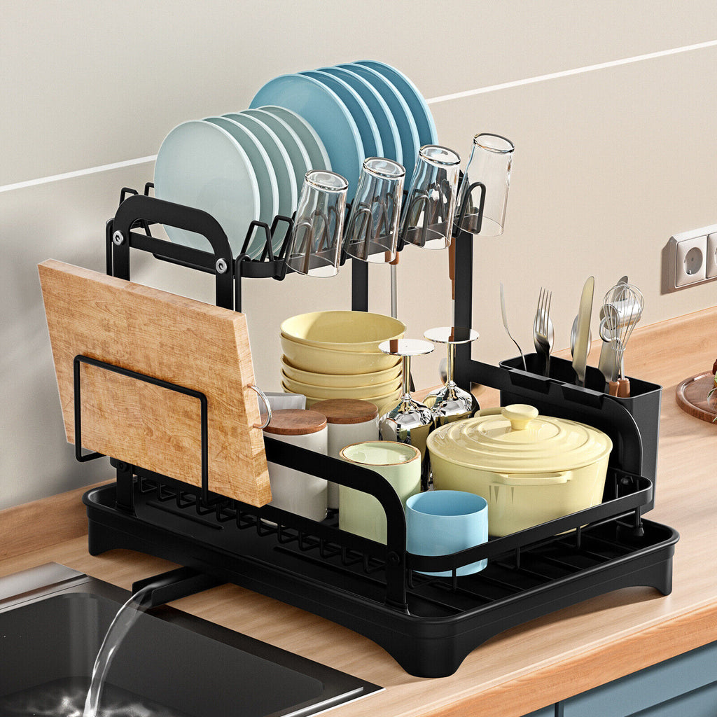 2 Tier Dish Rack Plate Cup Drying Drainer Storage Drip Tray Cutlery Holder