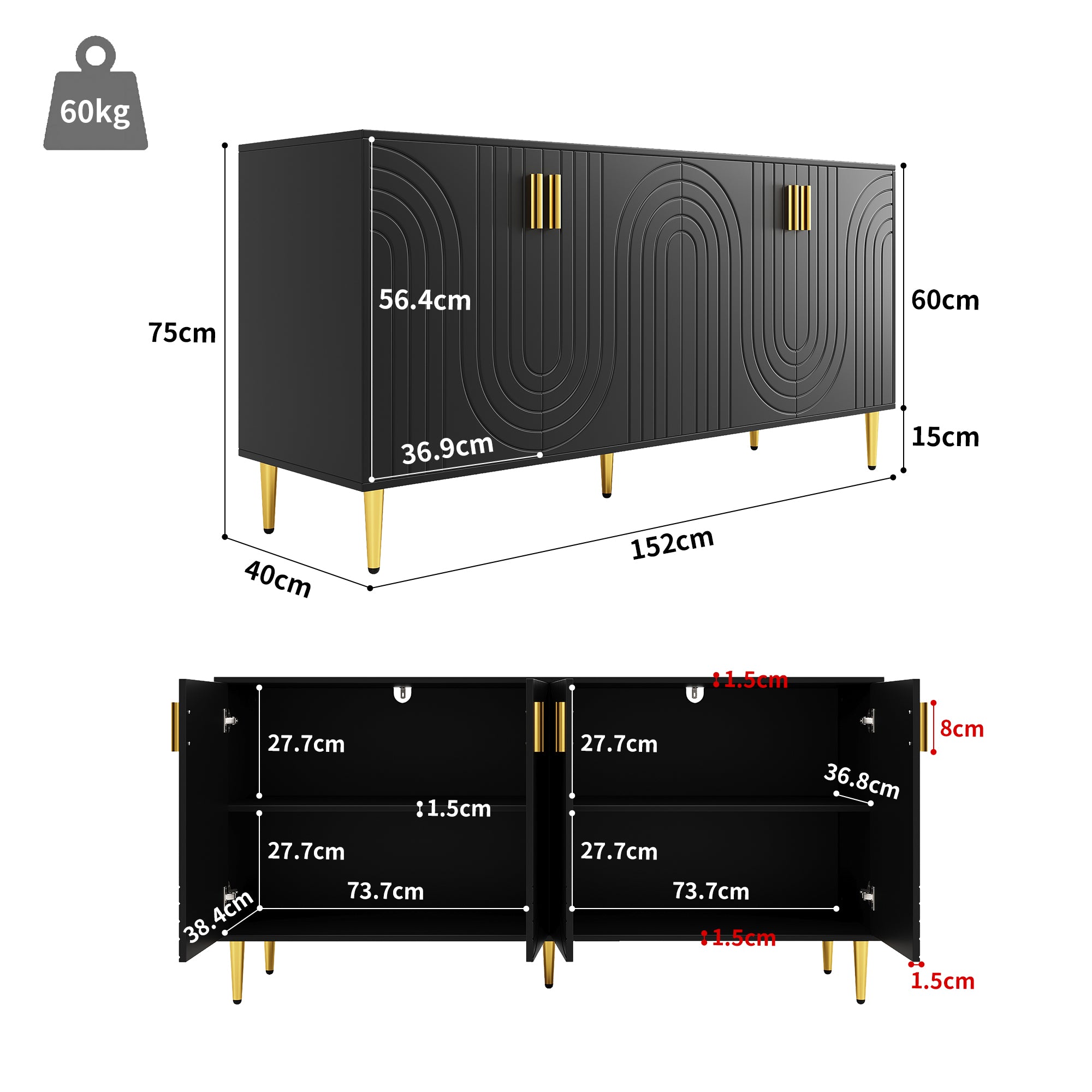Black Sideboard 152 X 40 X 75 Cm With Unique Wave Design And Golden Handles And Feet, Creating An Elegant Dining Area