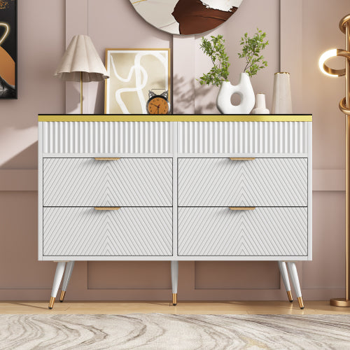 Sideboard Cabinet Dresser With 6 Drawers,Amber Glass Chest Of Drawers, Compartmentalised Storage,Anti-tip,Dressing Table For Living Room, Hallway