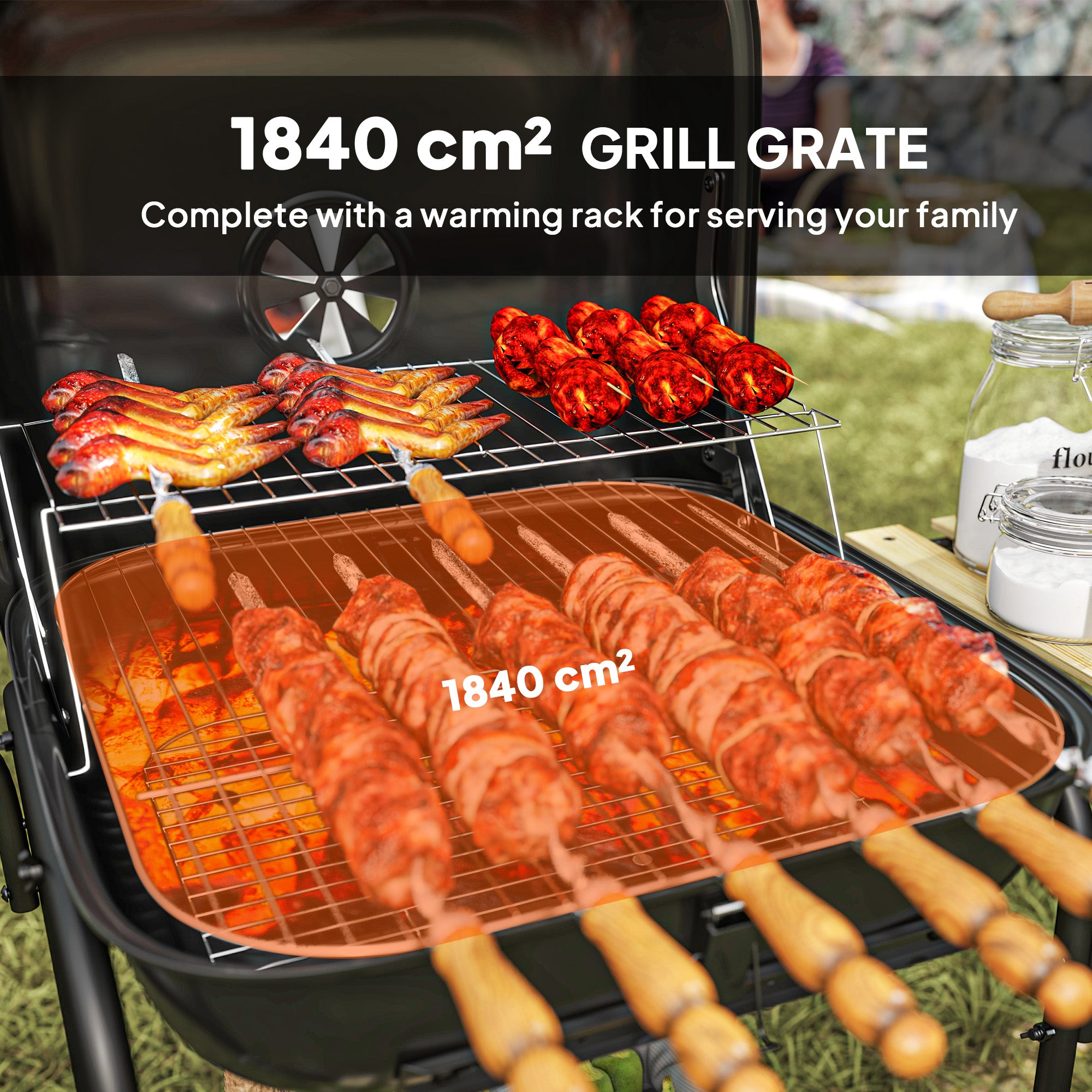 Charcoal Barbecue Grill Portable BBQ Grill With 3 Shelves, Adjustable Vent, Lockable Lid, Wheels For Outdoor Cooking