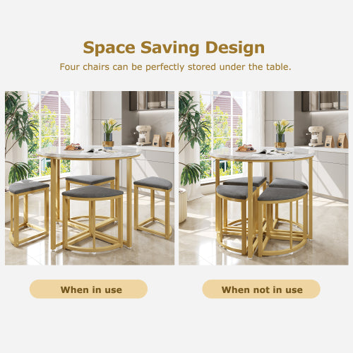 Modern Metal Frame Round Marble Dining Table And Chair Set 5 Pieces With 4 Semi-circular Stools, Suitable For Small Apartments And Restaurants