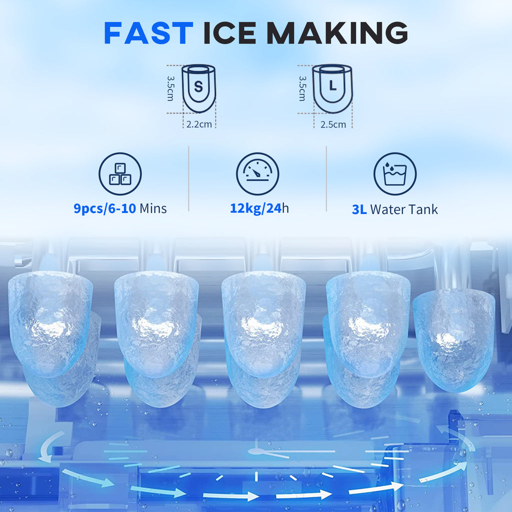 3L Ice Maker Machine And Water Dispenser, 12kg In 24H, 2 Sizes 9 Ice Cubes Ready In 6-10 Mins Ice Machine, Silver