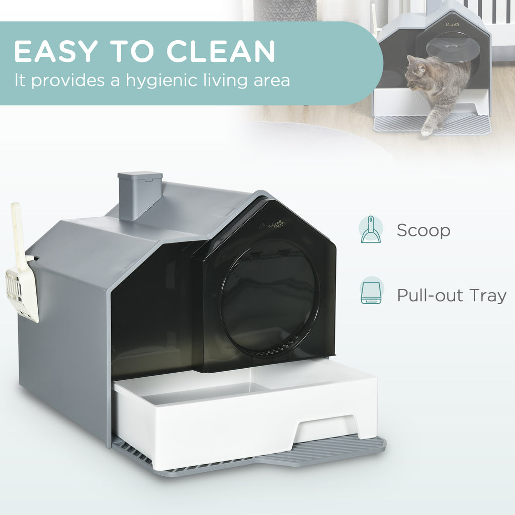 PawHut Hooded Cat Litter Tray With Scoop, Cat Litter Box With Drawer Pan, Handle, Deodorants, Hut Design, Front Entrance, 47 X 45 X 42cm - Grey