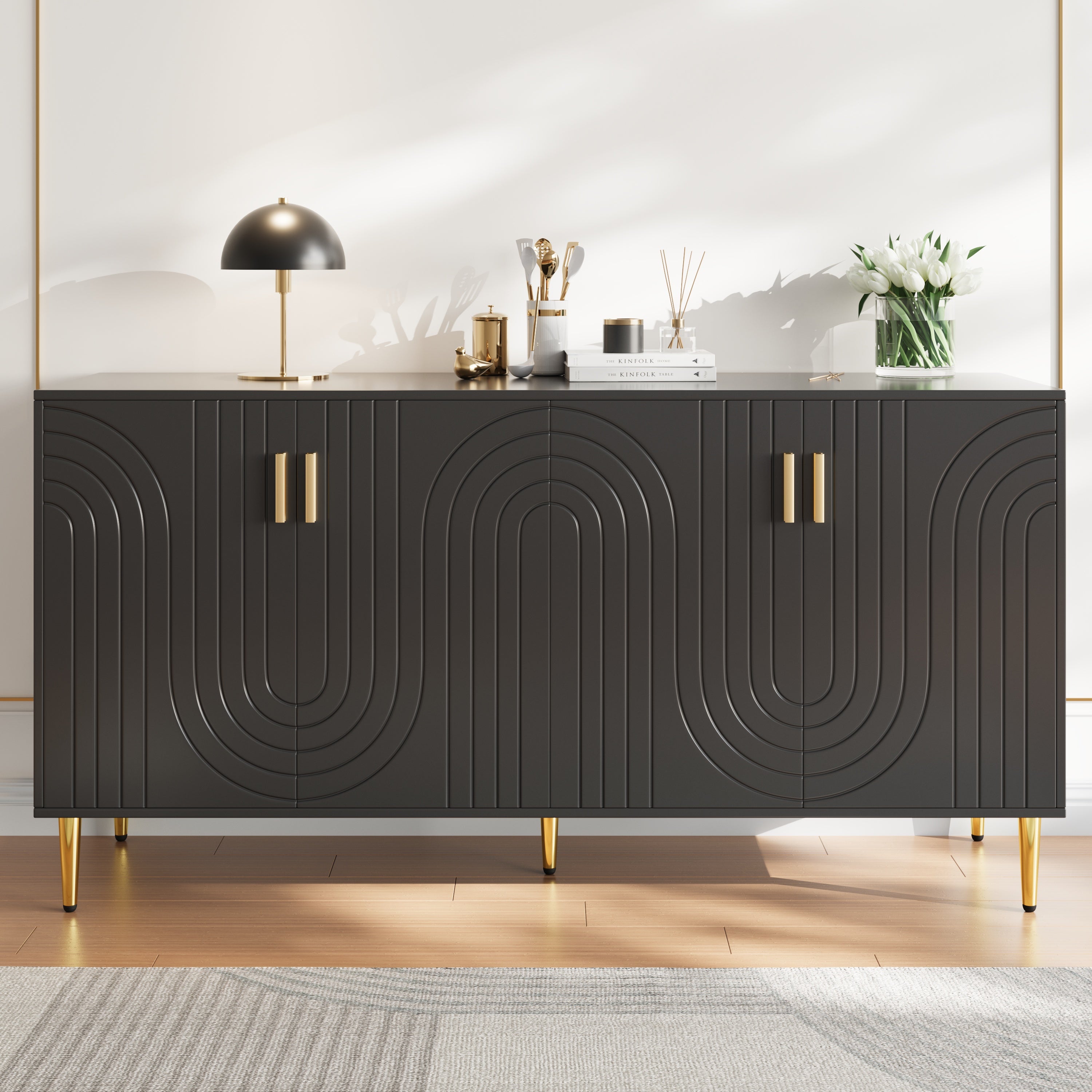 Black Sideboard 152 X 40 X 75 Cm With Unique Wave Design And Golden Handles And Feet, Creating An Elegant Dining Area