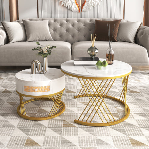 2 In 1 Round Coffee Table Made Of MDF With Marble Grain Veneer Top, Rattan Drawers And Solid Wood Handles. Gold Coloured Iron Legs.