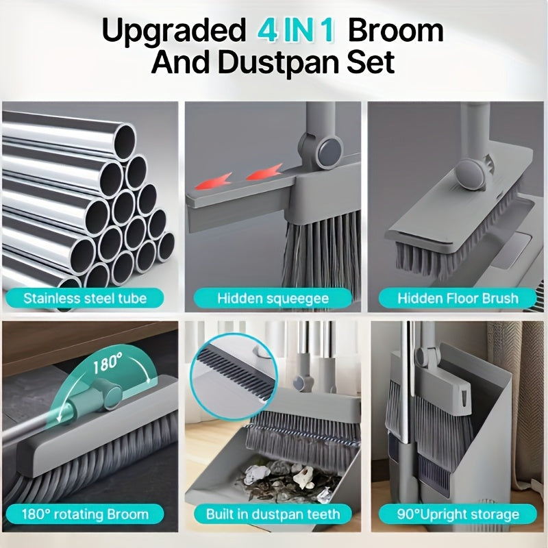 Broom And Dustpan Set 4-in-1 Multi-functional Cleaning Set Adjustable Sweeping And Water-scrubbing Broom Bathroom And Kitchen Floor Scraper Floor Brush  Garbage Shovel Thick Plastic And Handle Ho