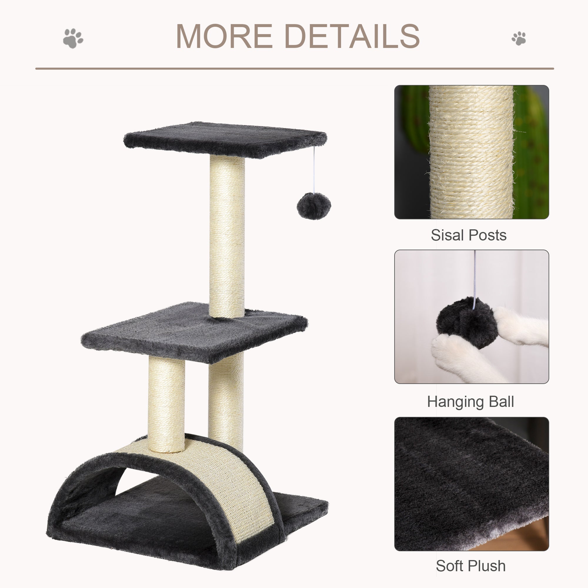 PawHut 72cm Cat Tree With Scratching Post, Pad For Indoor Cats - Black
