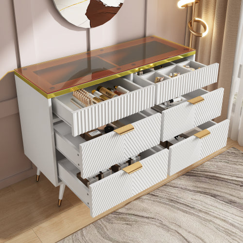 Sideboard Cabinet Dresser With 6 Drawers,Amber Glass Chest Of Drawers, Compartmentalised Storage,Anti-tip,Dressing Table For Living Room, Hallway