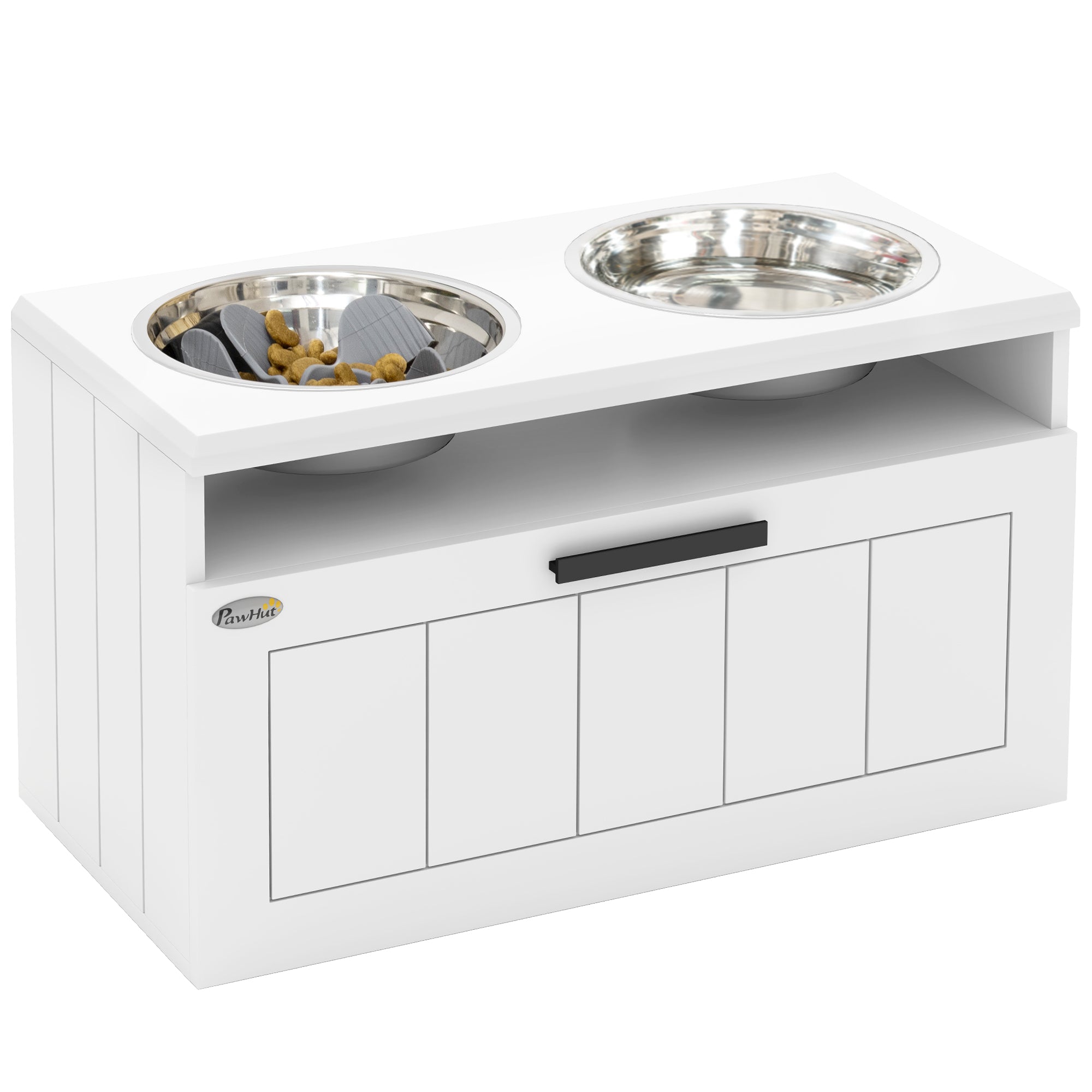 PawHut Raised Dog Bowl With Slow Feeder, Two Stainless Steel Dog Bowls, Drawer, For Large And Extra Large Dogs, White