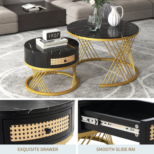2 In 1 Round Coffee Table Made Of MDF With Marble Grain Veneer Top, Rattan Drawers And Solid Wood Handles. Gold Coloured Iron Legs.