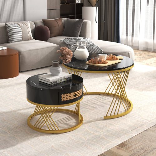 2 In 1 Round Coffee Table Made Of MDF With Marble Grain Veneer Top, Rattan Drawers And Solid Wood Handles. Gold Coloured Iron Legs.