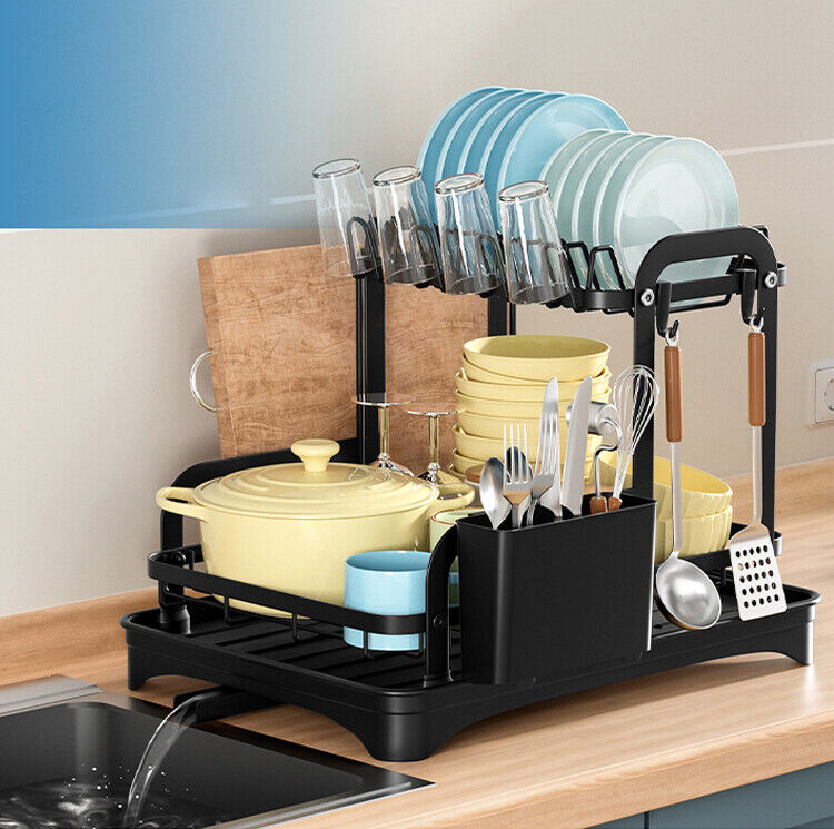 2 Tier Dish Rack Plate Cup Drying Drainer Storage Drip Tray Cutlery Holder