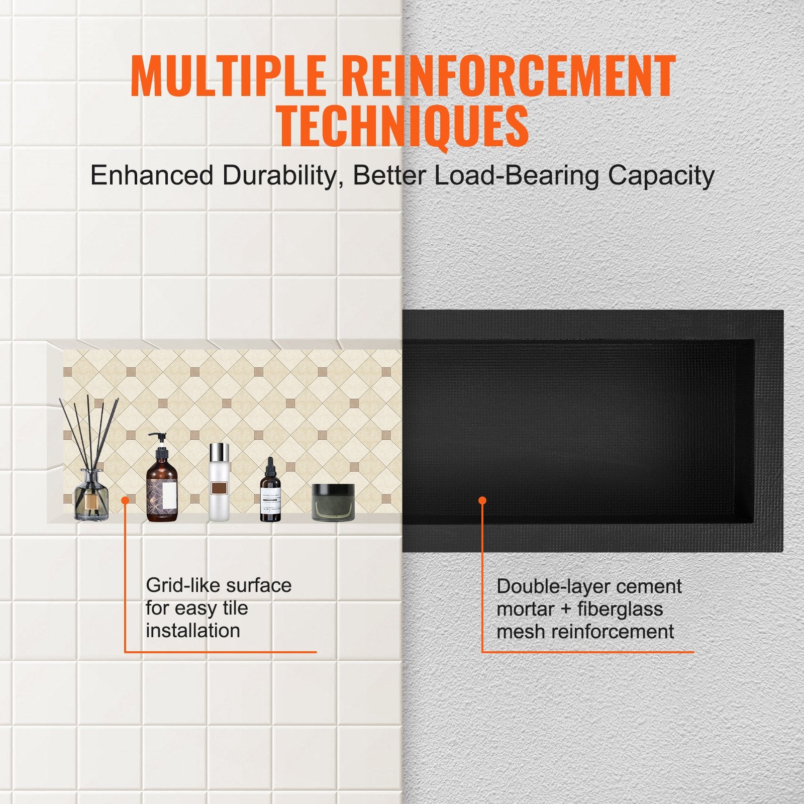 Shower Niche Ready For Tile 40.64 X 127 Cm, Single Shelf Organizer, Square Corners Wall-inserted Niche Recessed, Sealed Protection Modern Soap Storage Niche For Shower Bathroom, Black