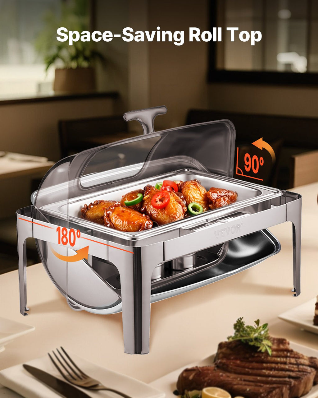 4Qt 1 Pack Rectangle Roll Top Chafing Dish Set 2 Half Size Pans Stainless Steel