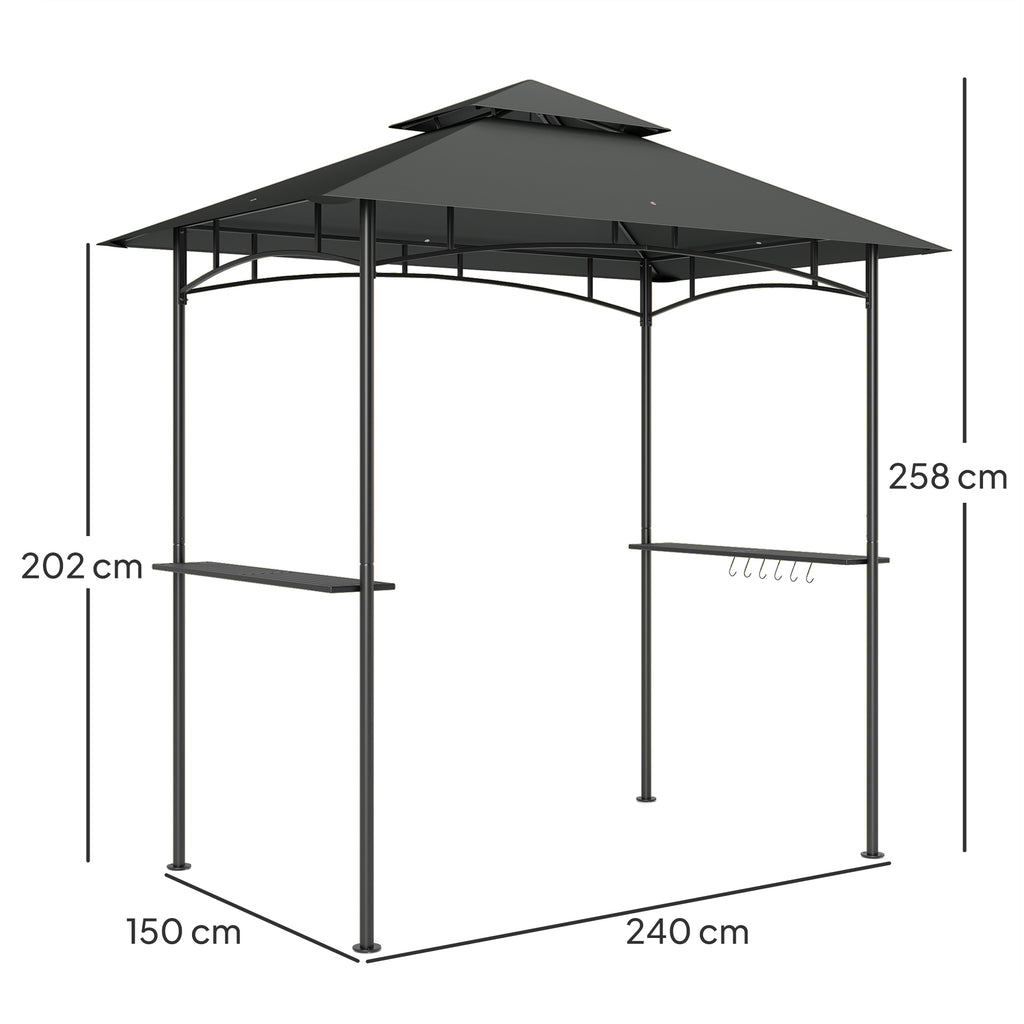 8' X 5' Grill Gazebo, Double Tiered BBQ Gazebo Shelter Canopy With LED Lights, 2 Side Shelves, Hooks, Dark Grey