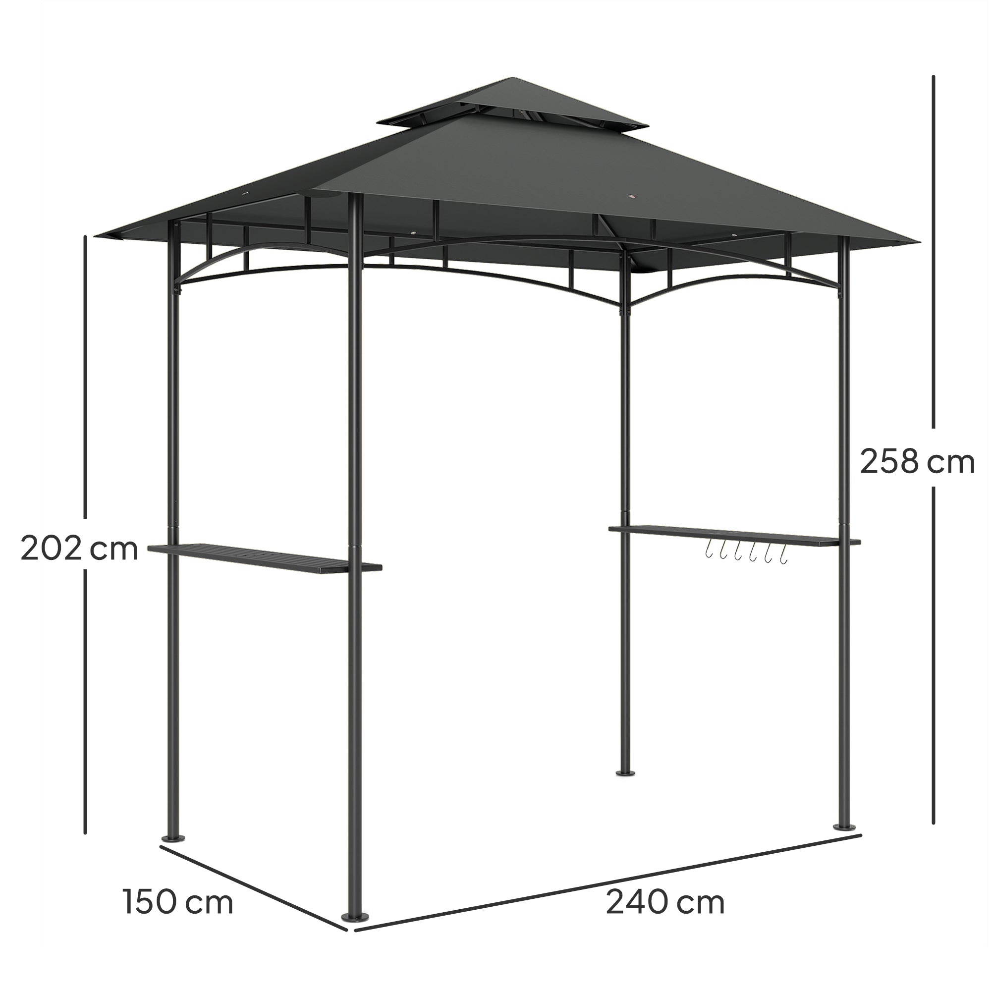8' X 5' Grill Gazebo, Double Tiered BBQ Gazebo Shelter Canopy With LED Lights, 2 Side Shelves, Hooks, Dark Grey