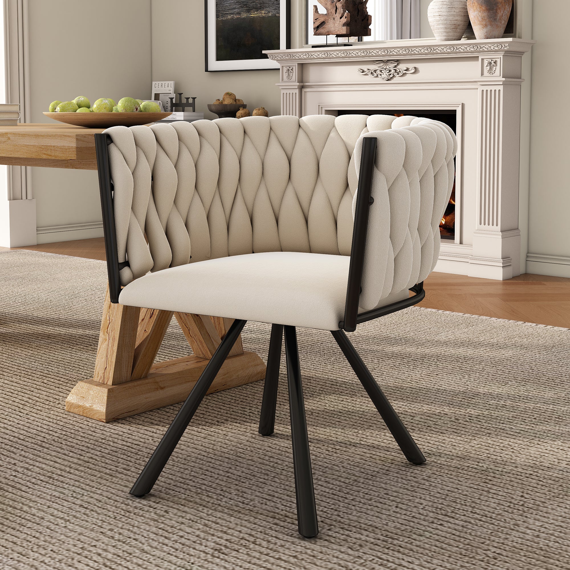 Velvet Dining Chair, Single Light Luxury Living Room Bedroom Swivel Chair, Leisure Swivel Chair With Four Metal Support Legs, Beige