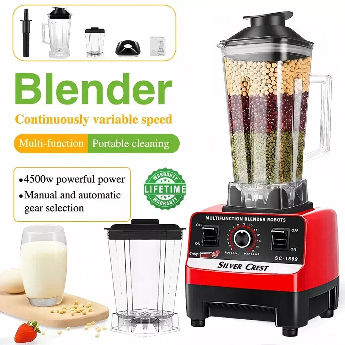 4500W Multifunctional Blender Food Processor Smoothie Juicer Ice Crusher 2 Jugs--Black