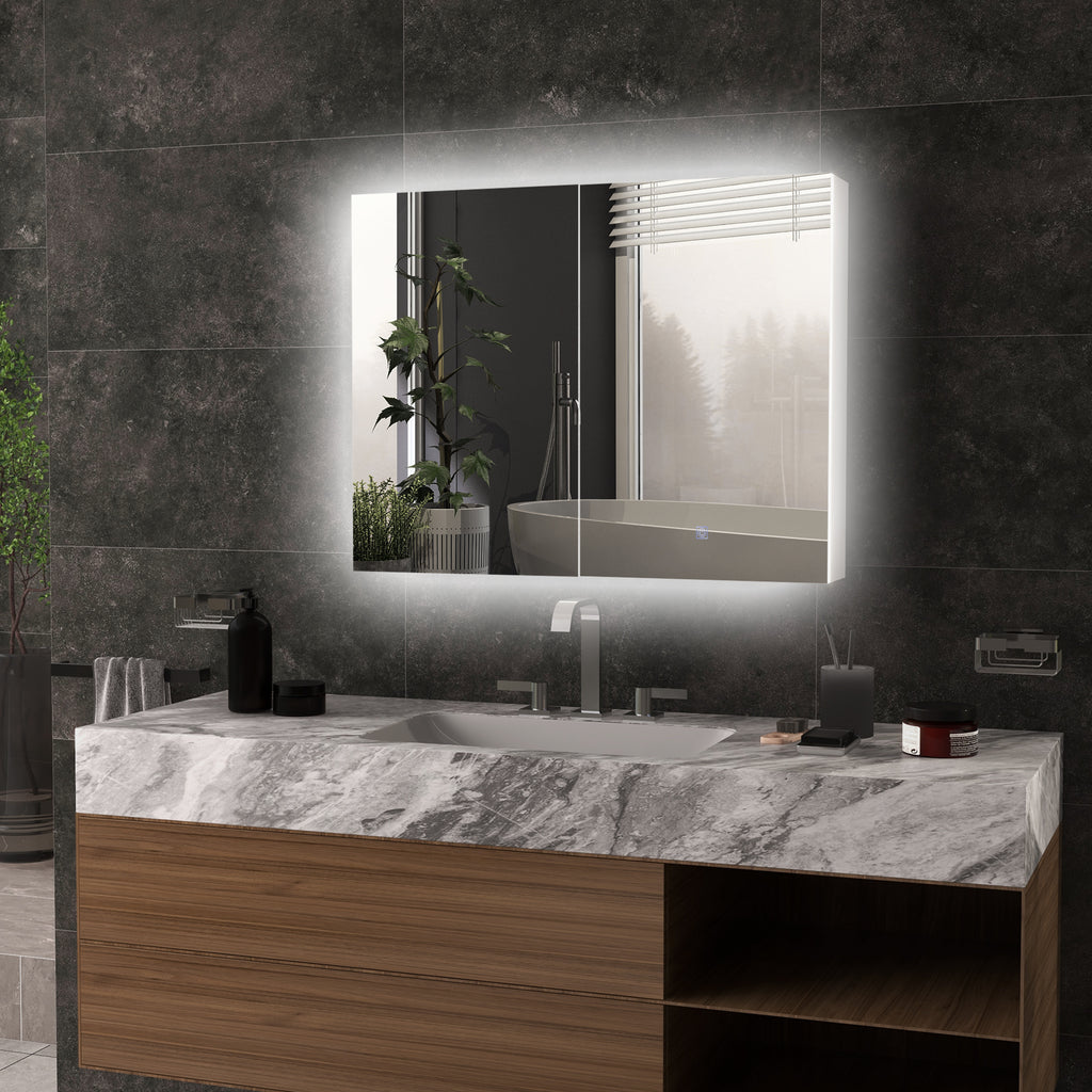 Kleankin Bathroom Mirror Cabinet With Light, Bathroom Storage Cupboard With Adjustable Shelf, USB Powered, 90x15x70cm, White