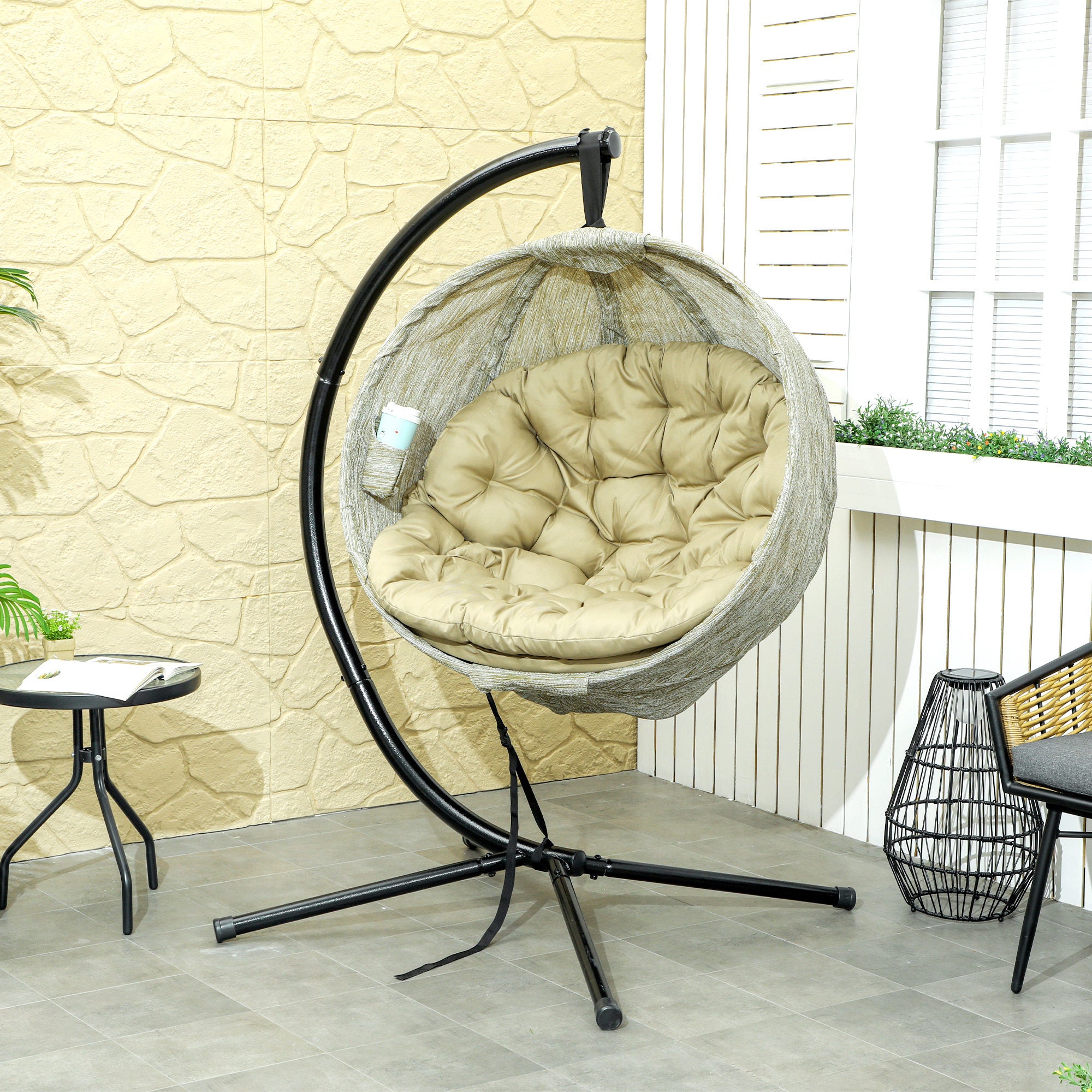 Hanging Egg Chair Outdoor Indoor Garden Swing Chair With Folding Basket, Thickened Cushion, Cup Holder For Patio, Balcony, Khaki