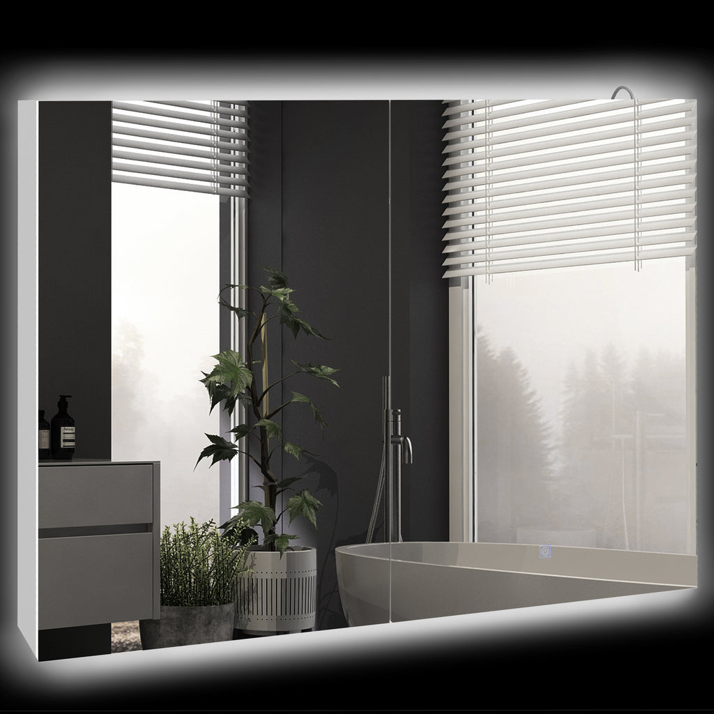 Kleankin Bathroom Mirror Cabinet With Light, Bathroom Storage Cupboard With Adjustable Shelf, USB Powered, 90x15x70cm, White