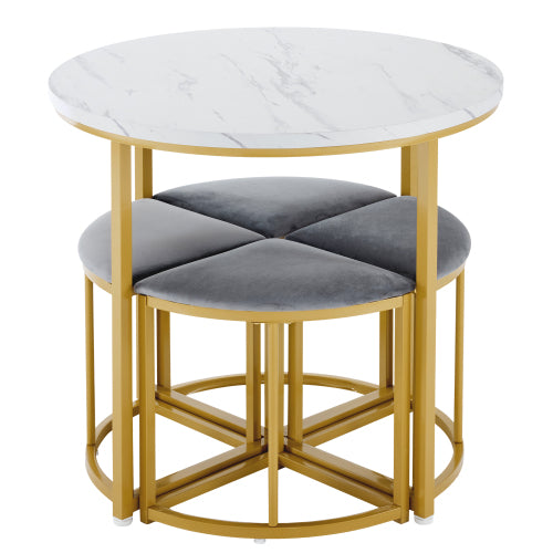Modern Metal Frame Round Marble Dining Table And Chair Set 5 Pieces With 4 Semi-circular Stools, Suitable For Small Apartments And Restaurants