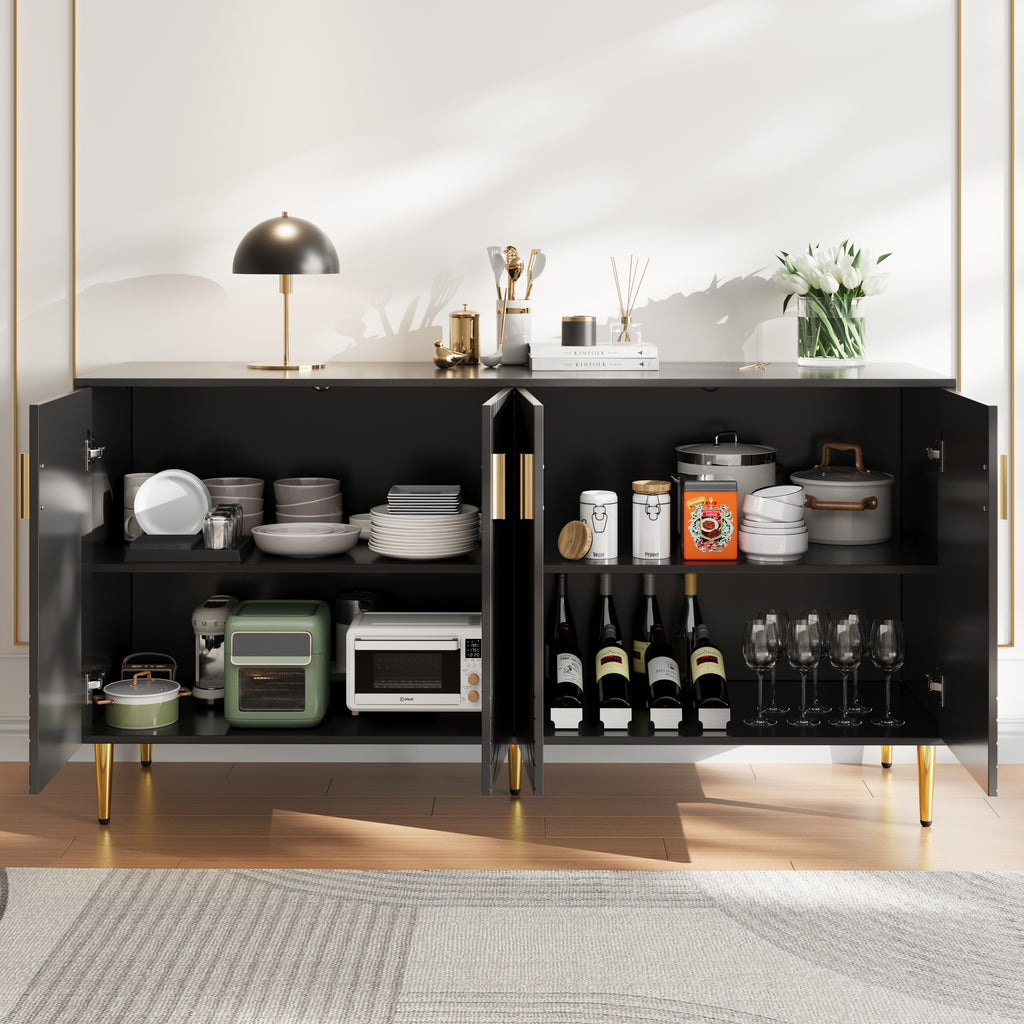 Black Sideboard 152 X 40 X 75 Cm With Unique Wave Design And Golden Handles And Feet, Creating An Elegant Dining Area