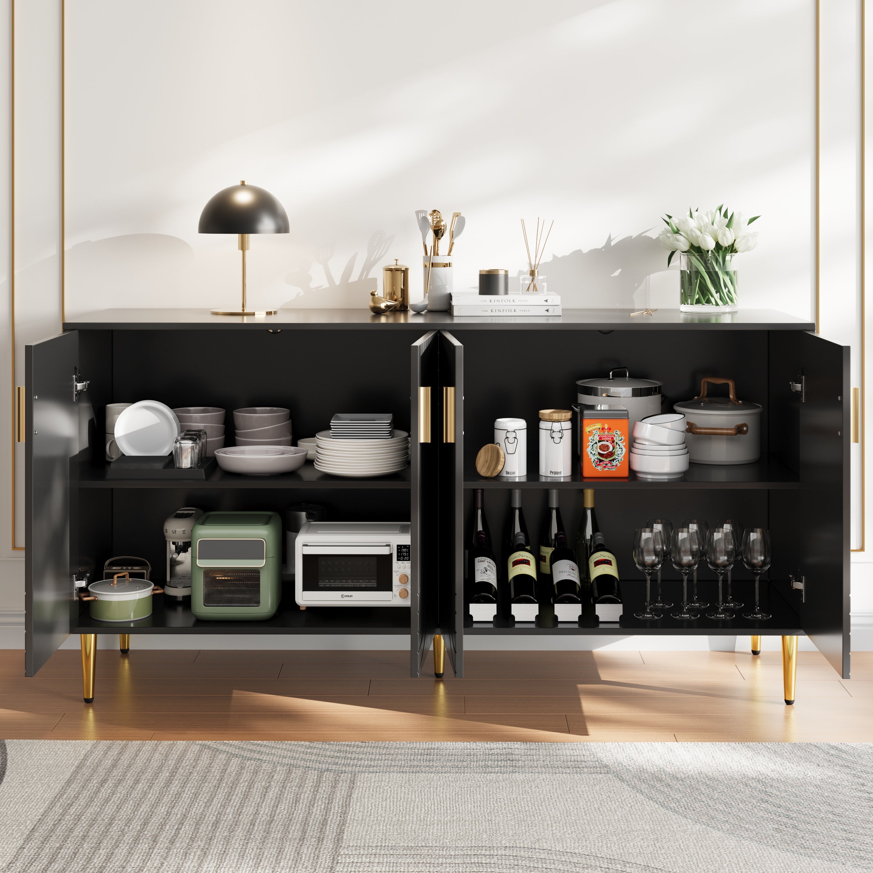 Black Sideboard 152 X 40 X 75 Cm With Unique Wave Design And Golden Handles And Feet, Creating An Elegant Dining Area