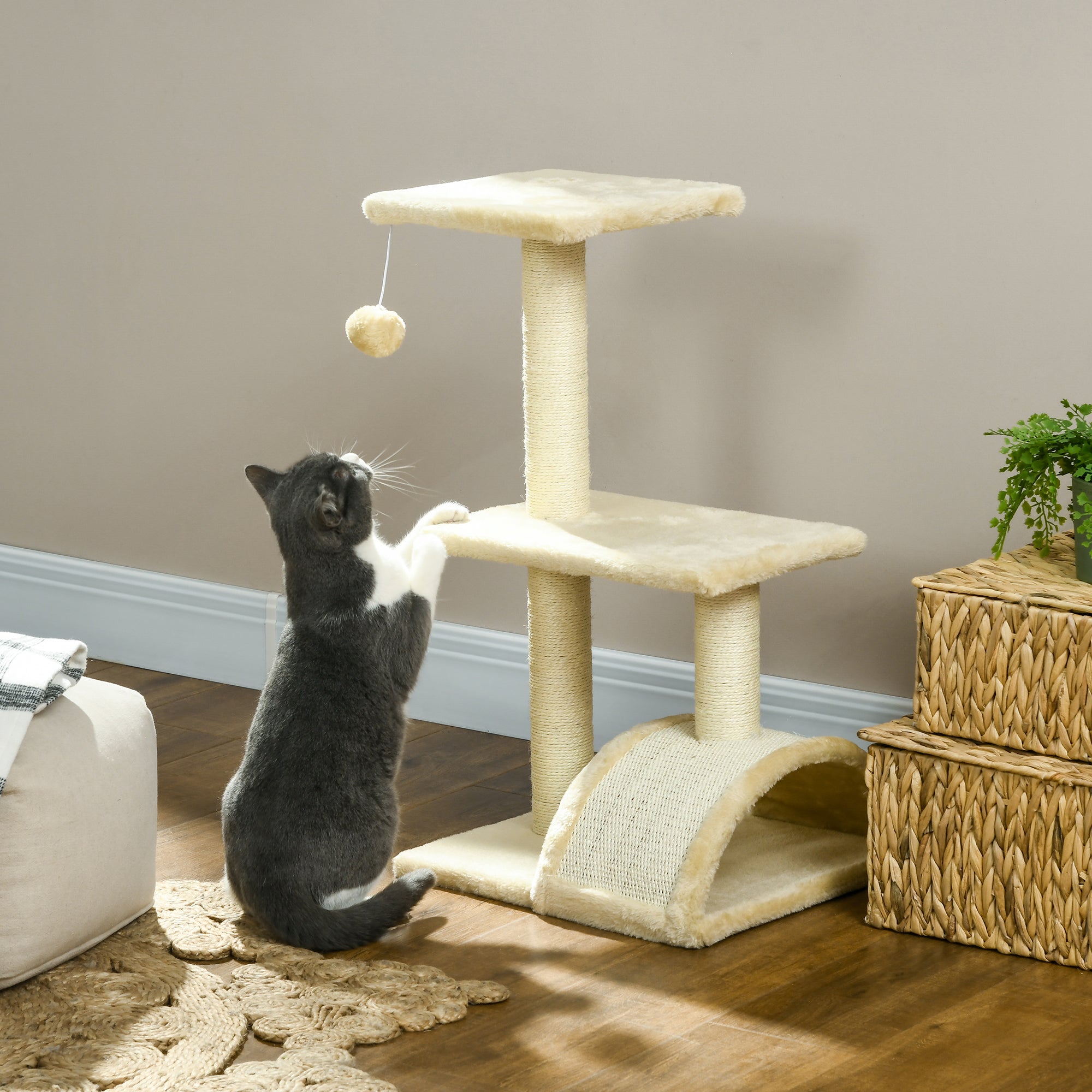 PawHut 72cm Cat Tree With Scratching Post, Pad For Indoor Cats - Cream White