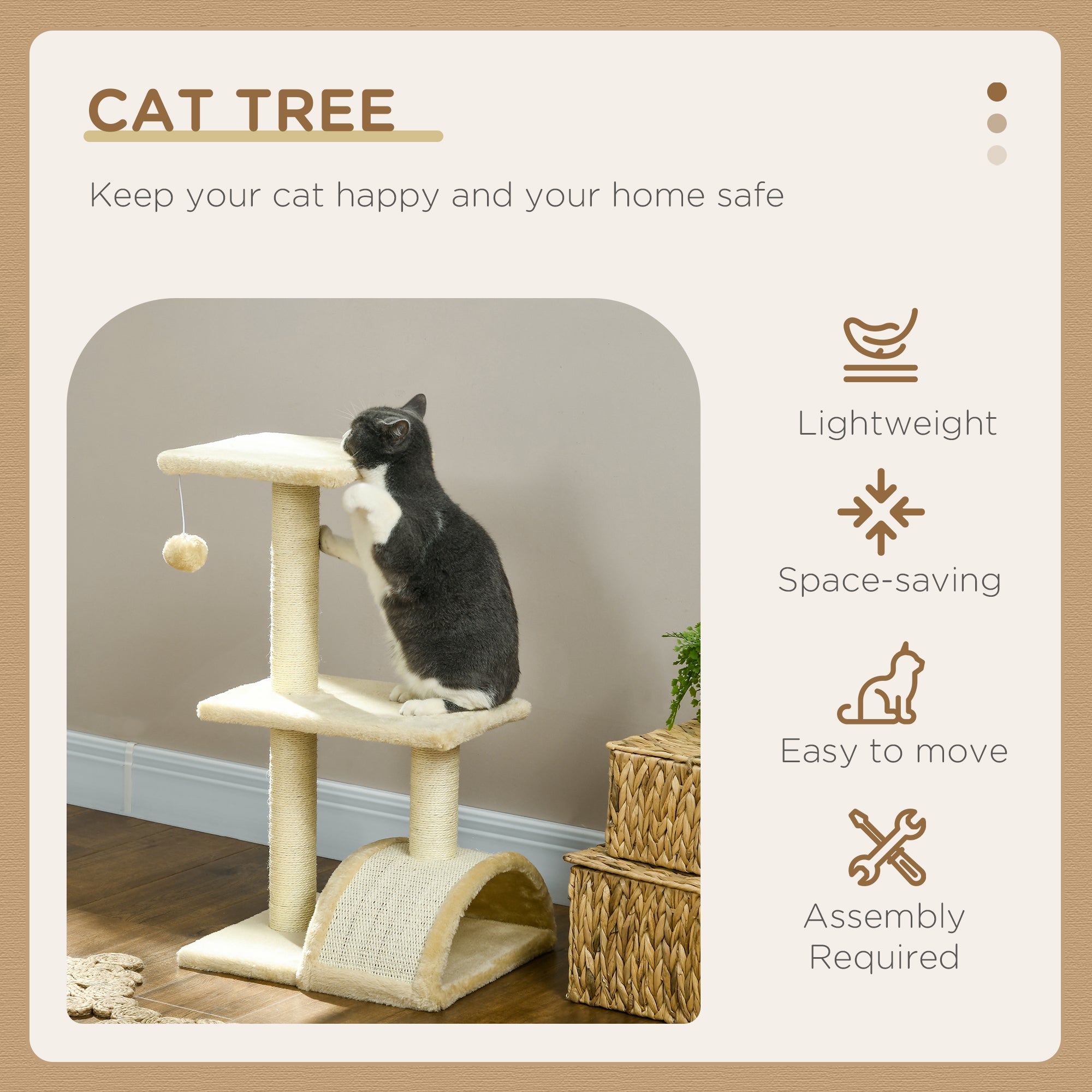 PawHut 72cm Cat Tree With Scratching Post, Pad For Indoor Cats - Cream White