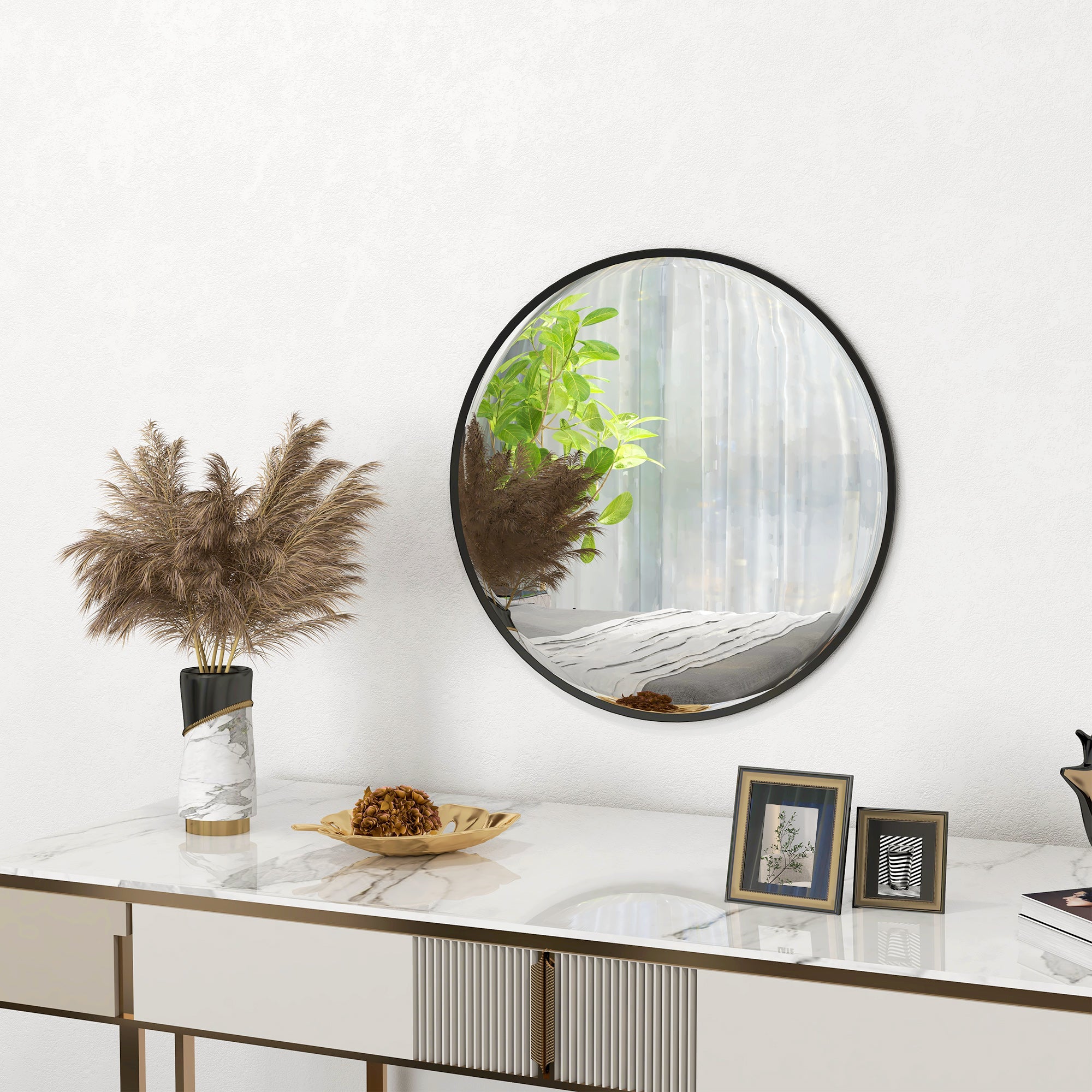 61cm Decorative Wall Mirror For Bedroom Living Room, Modern Round Bathroom Mirror For Home Decor, Black