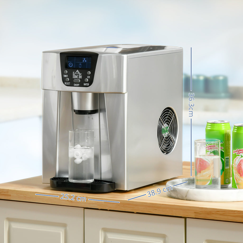 3L Ice Maker Machine And Water Dispenser, 12kg In 24H, 2 Sizes 9 Ice Cubes Ready In 6-10 Mins Ice Machine, Silver