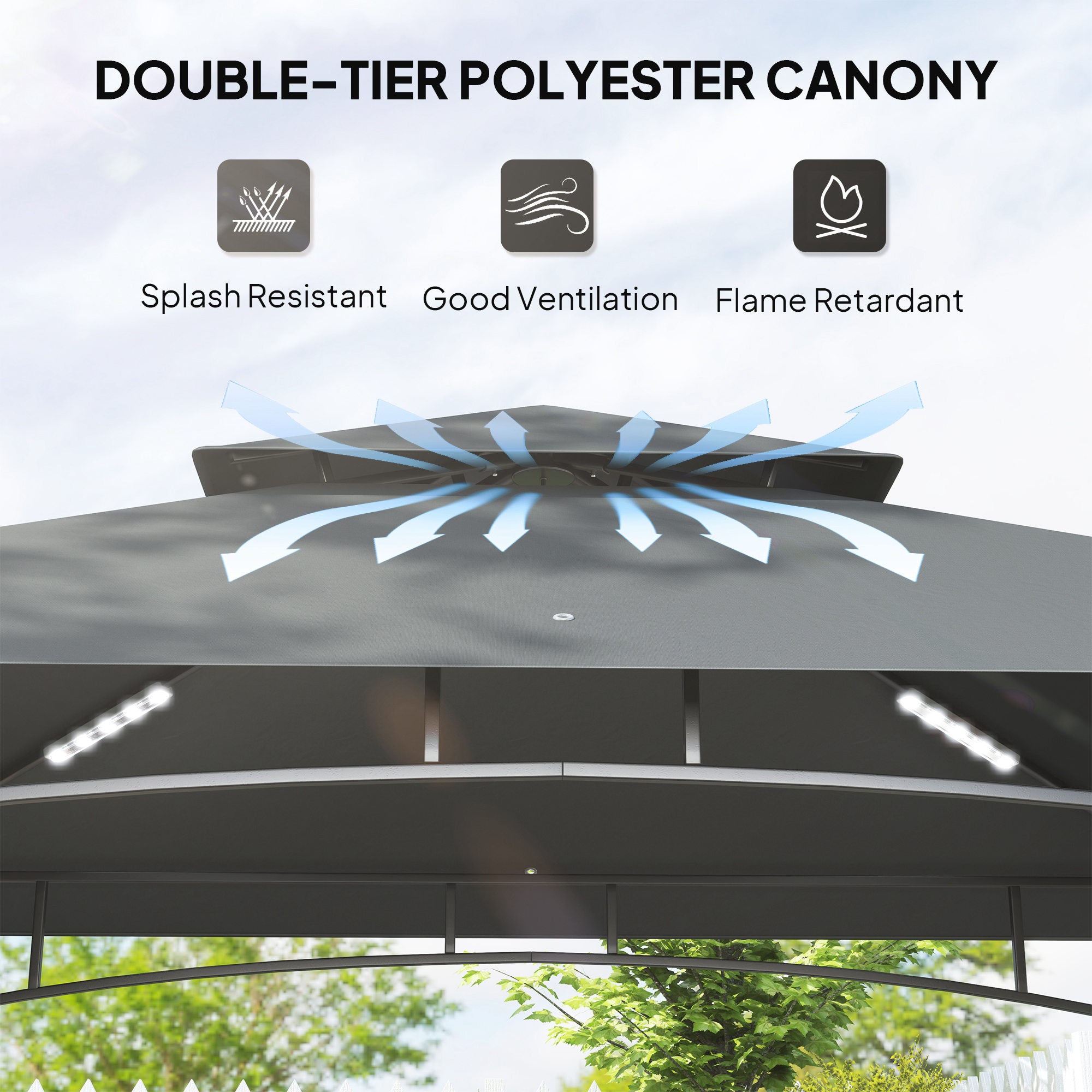 8' X 5' Grill Gazebo, Double Tiered BBQ Gazebo Shelter Canopy With LED Lights, 2 Side Shelves, Hooks, Dark Grey