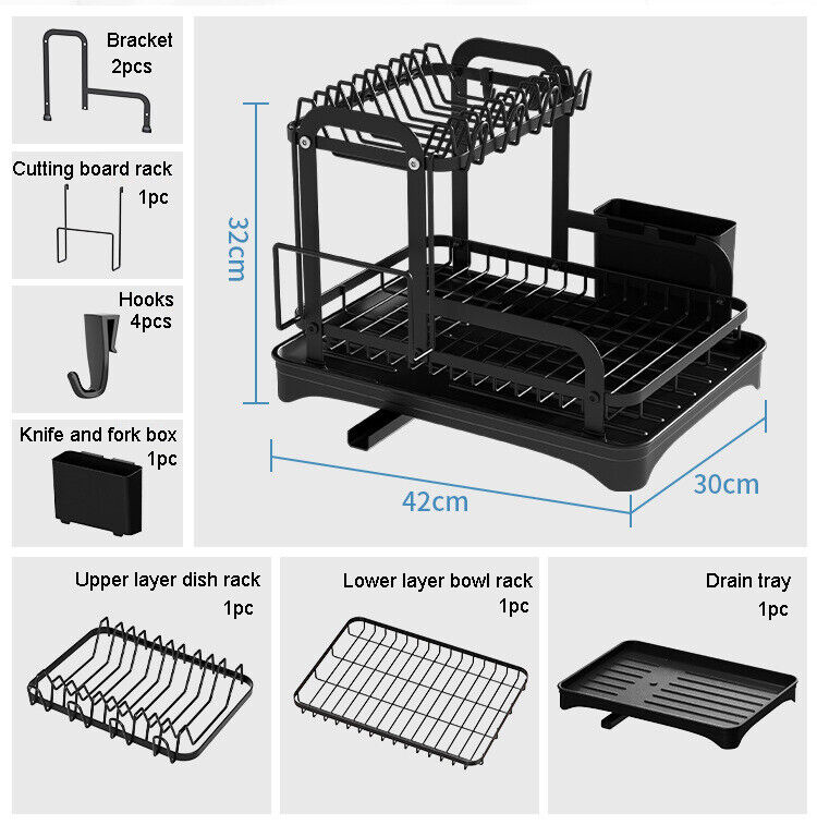 2 Tier Dish Rack Plate Cup Drying Drainer Storage Drip Tray Cutlery Holder