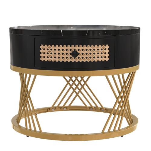 2 In 1 Round Coffee Table Made Of MDF With Marble Grain Veneer Top, Rattan Drawers And Solid Wood Handles. Gold Coloured Iron Legs.