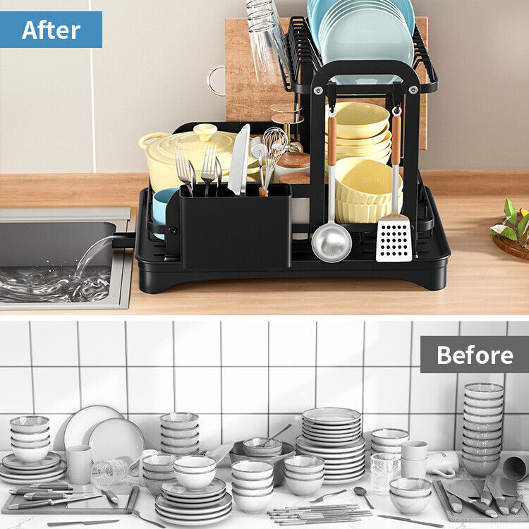 2 Tier Dish Rack Plate Cup Drying Drainer Storage Drip Tray Cutlery Holder