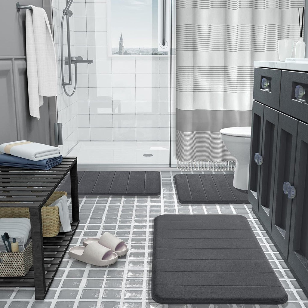 MEMORY FOAM BATH MAT PEDESTAL SET NON SLIP TOILET BATHROOM CONTOUR RUGS 3 PIECE--black