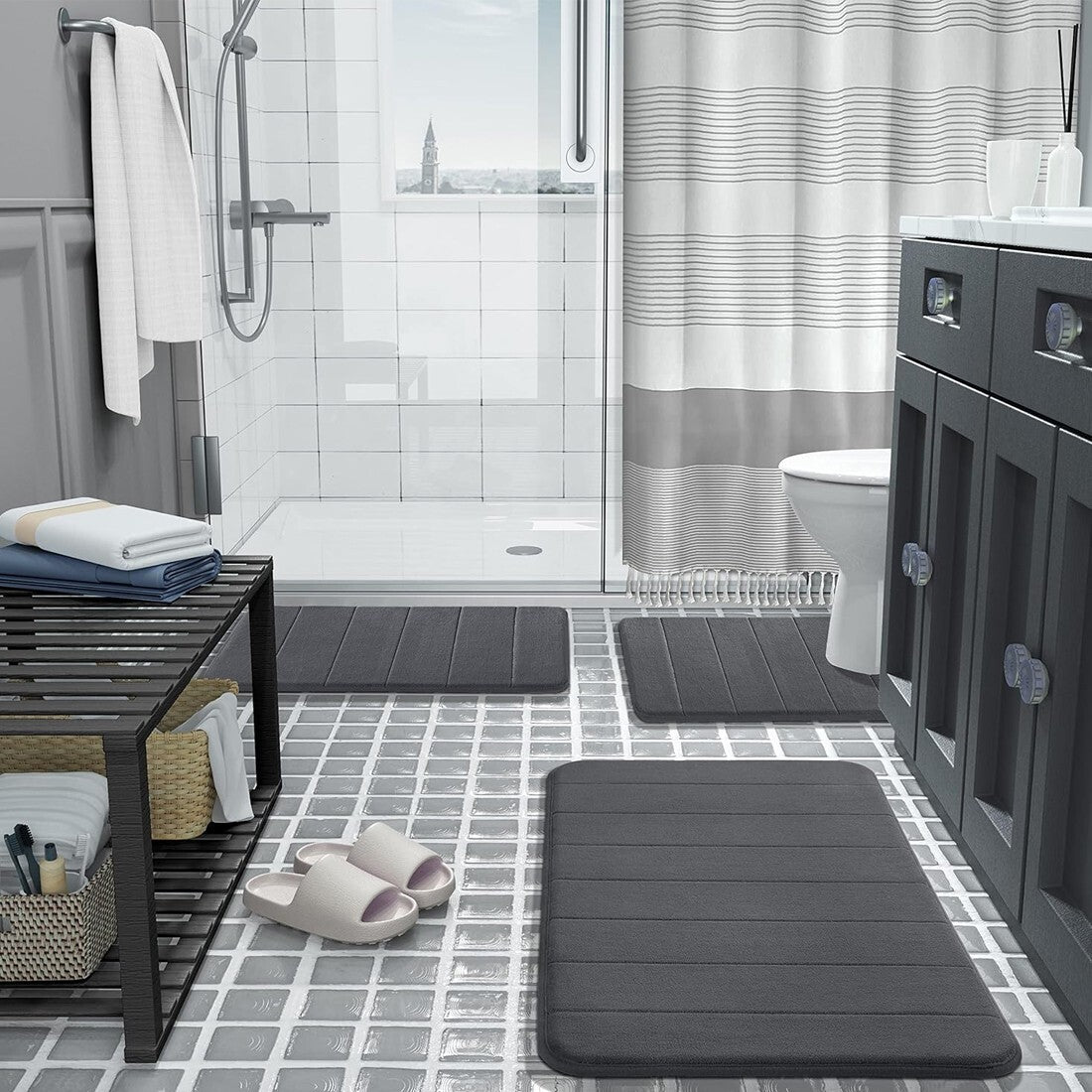 MEMORY FOAM BATH MAT PEDESTAL SET NON SLIP TOILET BATHROOM CONTOUR RUGS 3 PIECE--black