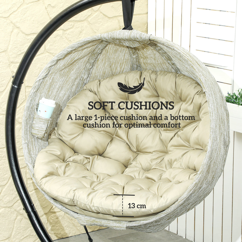 Hanging Egg Chair Outdoor Indoor Garden Swing Chair With Folding Basket, Thickened Cushion, Cup Holder For Patio, Balcony, Khaki