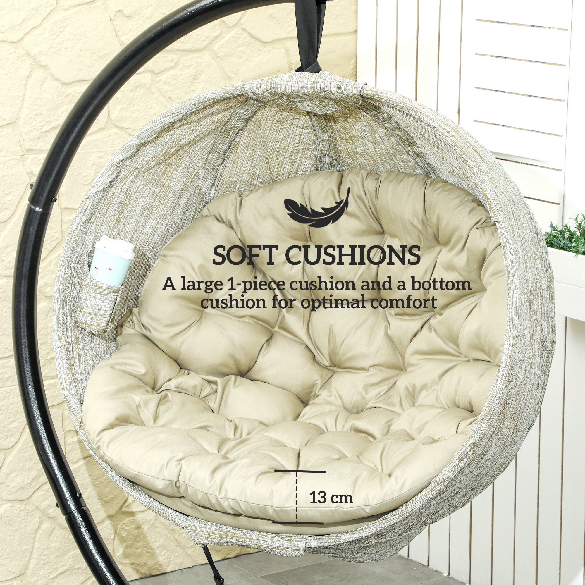 Hanging Egg Chair Outdoor Indoor Garden Swing Chair With Folding Basket, Thickened Cushion, Cup Holder For Patio, Balcony, Khaki