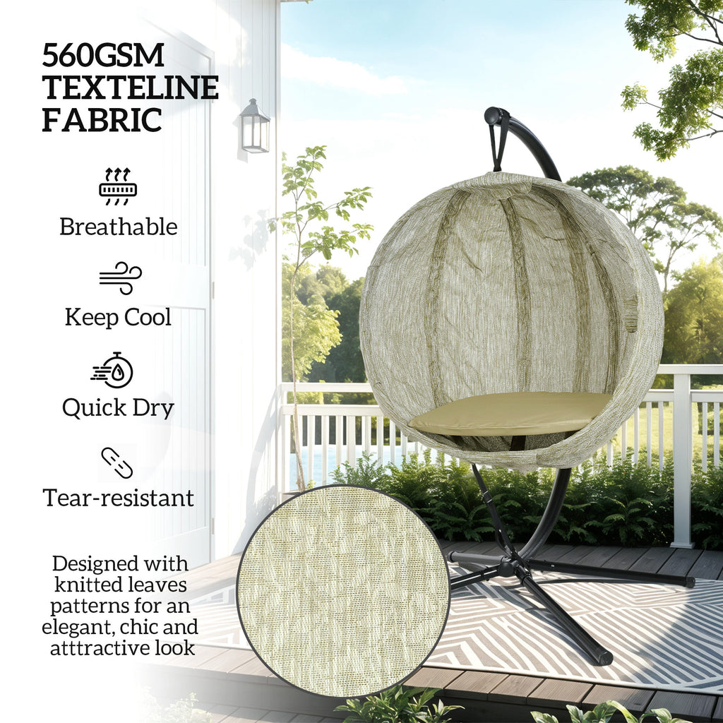 Hanging Egg Chair Outdoor Indoor Garden Swing Chair With Folding Basket, Thickened Cushion, Cup Holder For Patio, Balcony, Khaki