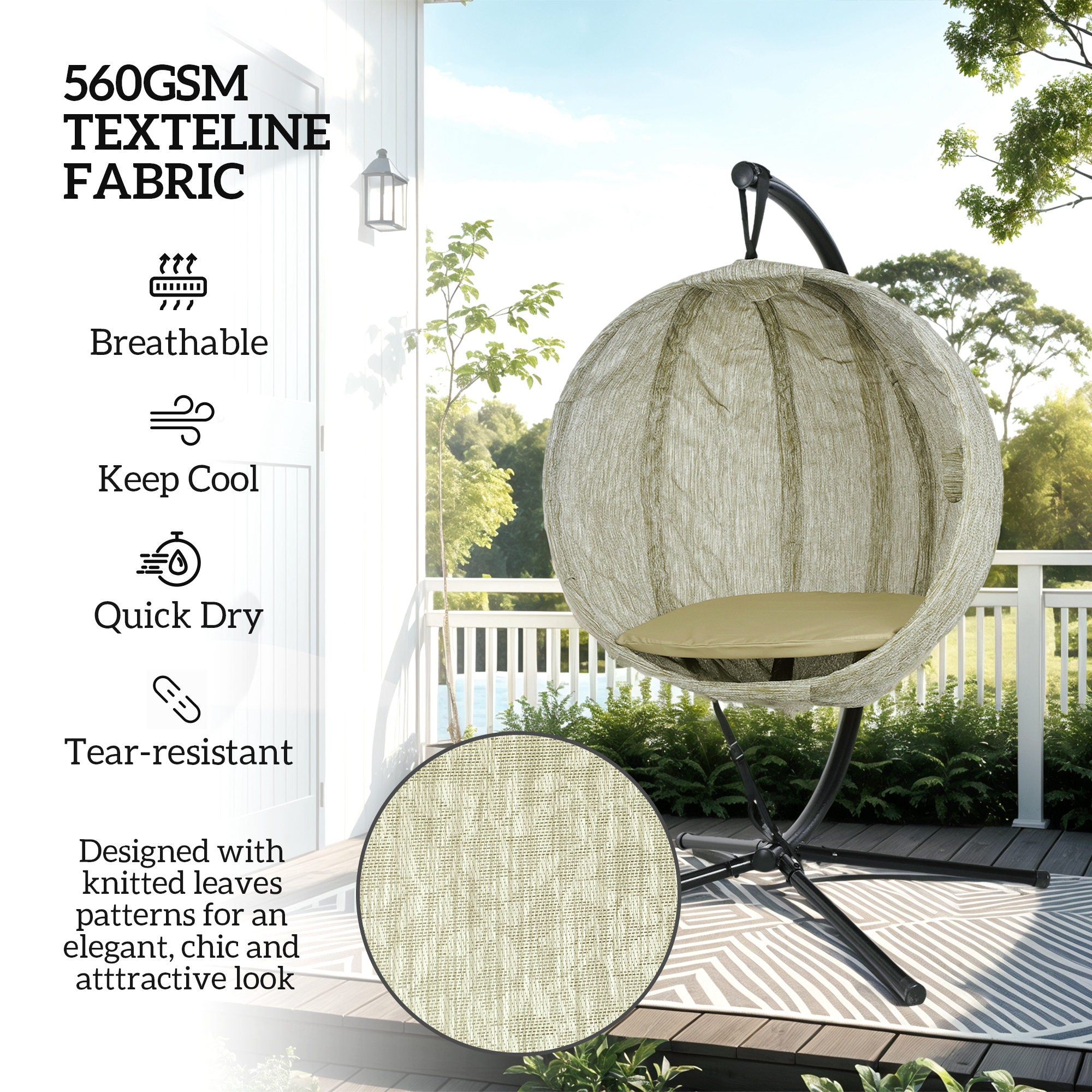 Hanging Egg Chair Outdoor Indoor Garden Swing Chair With Folding Basket, Thickened Cushion, Cup Holder For Patio, Balcony, Khaki