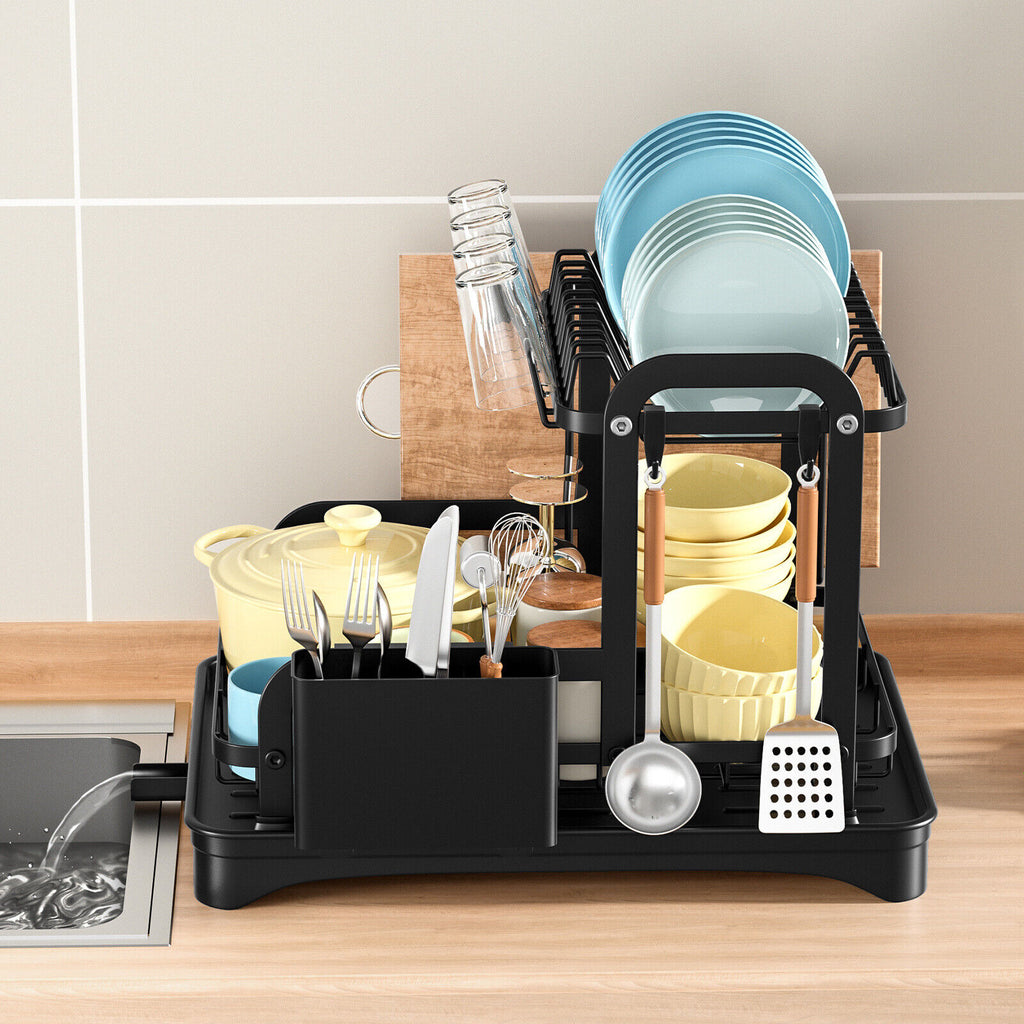 2 Tier Dish Rack Plate Cup Drying Drainer Storage Drip Tray Cutlery Holder