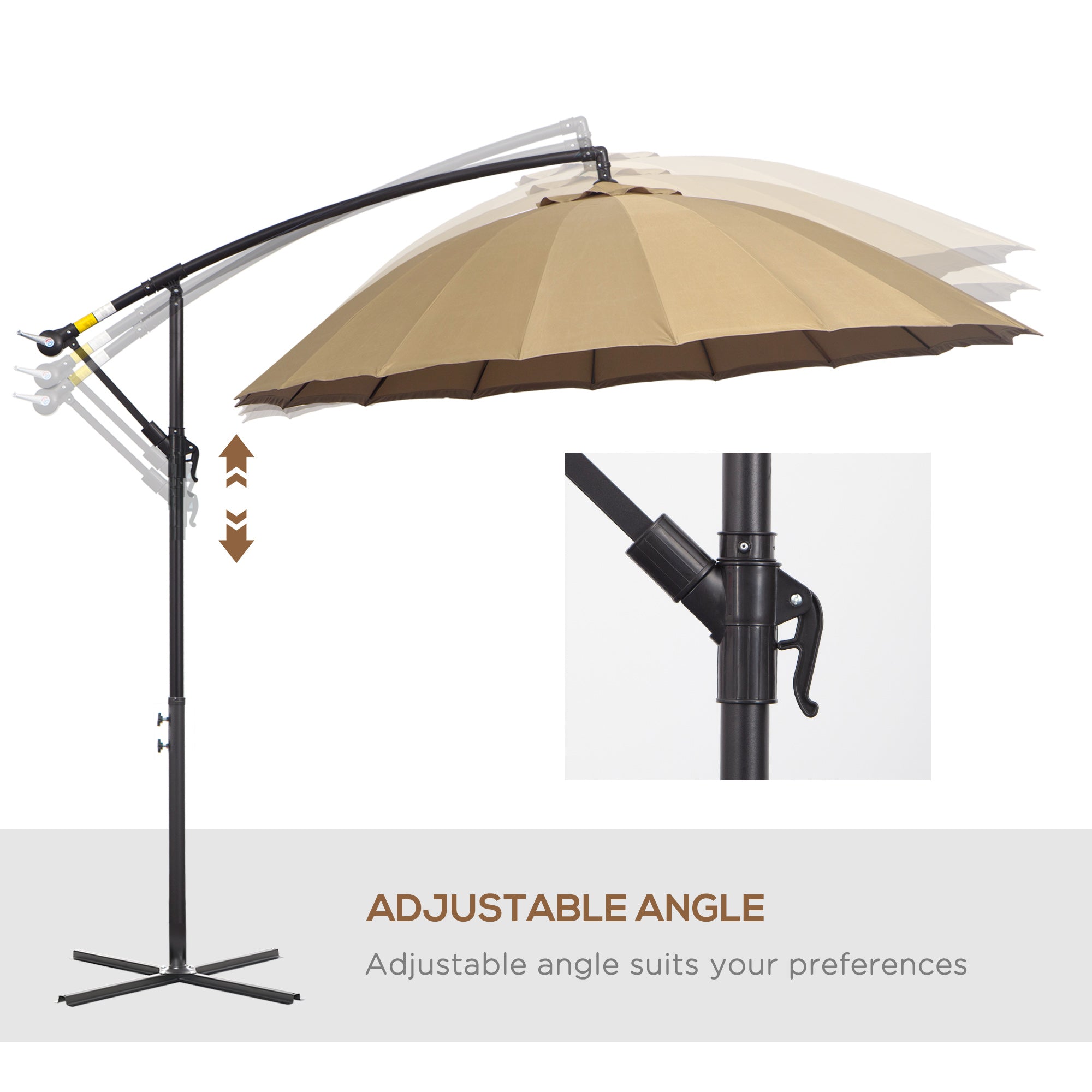 3(m) Cantilever Umbrella 18 Ribs & Vents Adjustable Angle For Patio Khaki