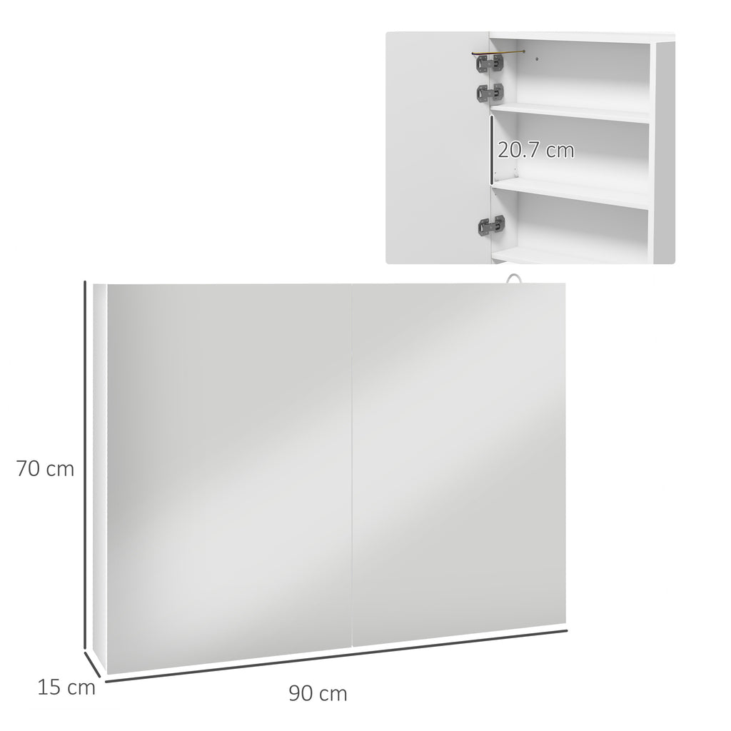 Kleankin Bathroom Mirror Cabinet With Light, Bathroom Storage Cupboard With Adjustable Shelf, USB Powered, 90x15x70cm, White