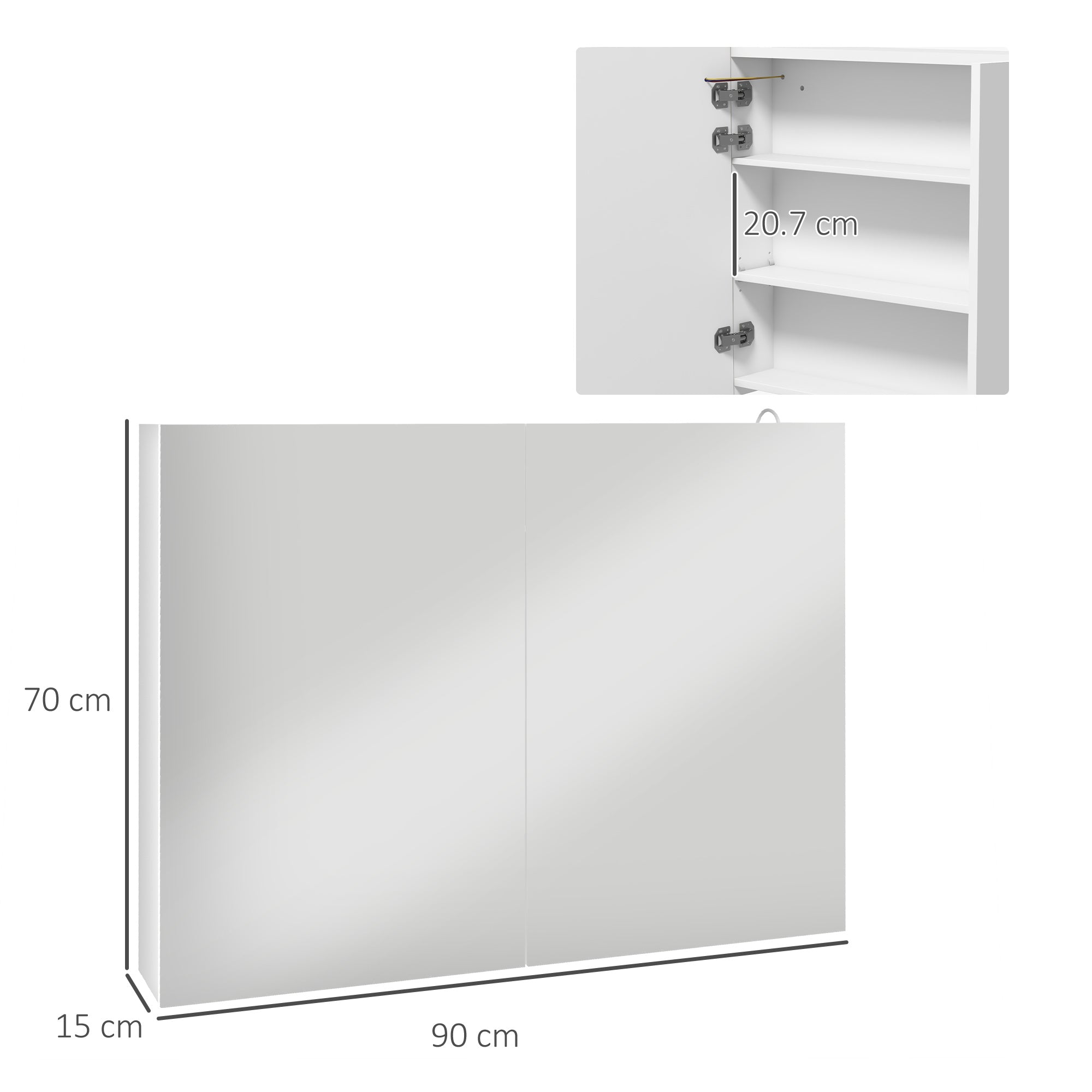 Kleankin Bathroom Mirror Cabinet With Light, Bathroom Storage Cupboard With Adjustable Shelf, USB Powered, 90x15x70cm, White