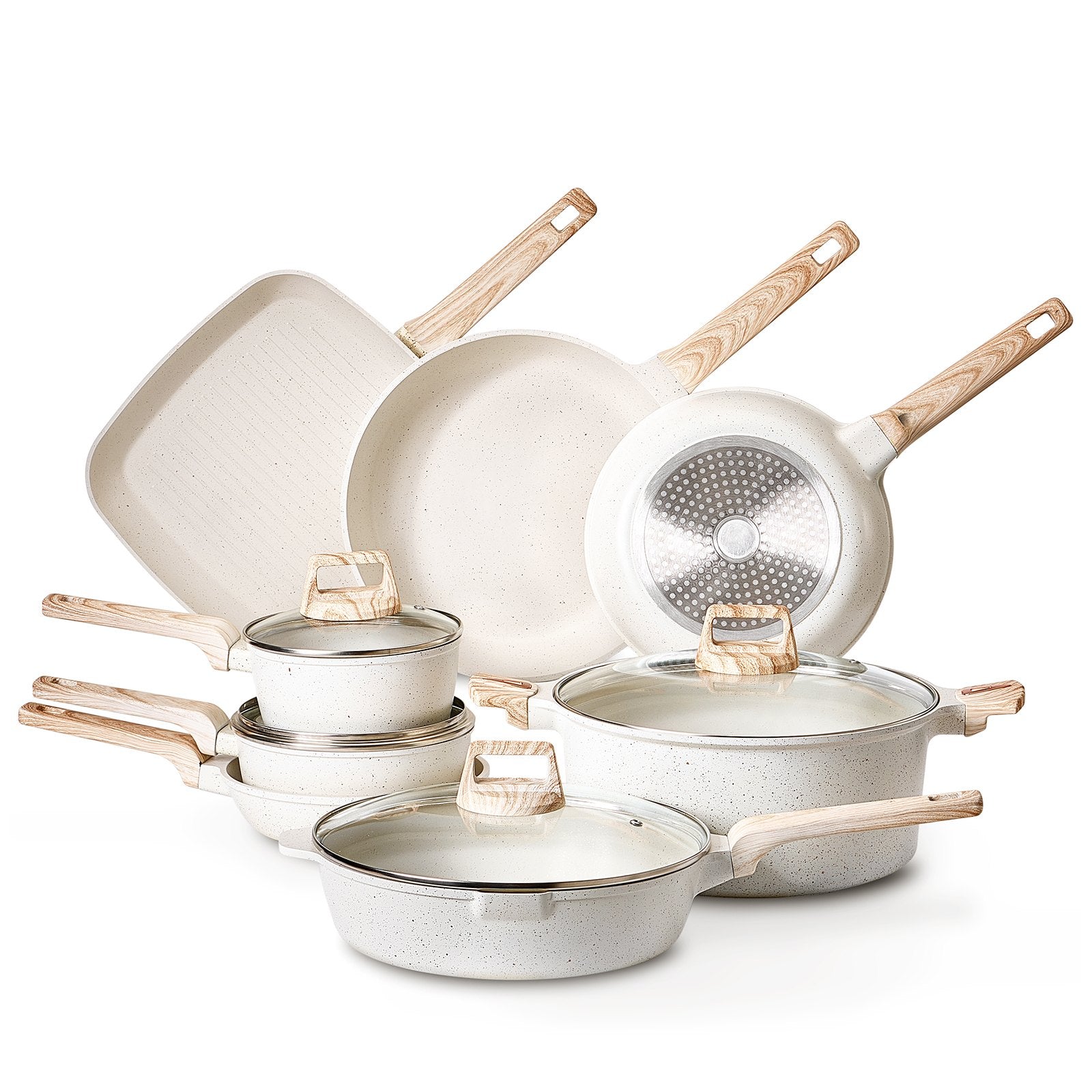 19 Piece Pots And Pans Set Nonstick, Granite Cookware Set, Induction Cookwares, Kitchen RV Cooking Sets With Frying, Sauce, Saute, Tempered Glass Lids, And Pan Protectors, White