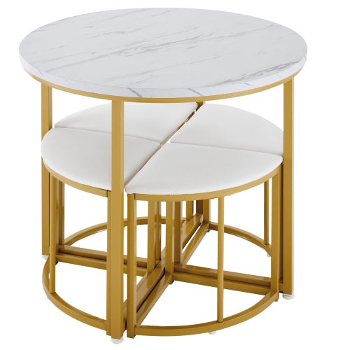 Modern Metal Frame Round Marble Dining Table And Chair Set 5 Pieces With 4 Semi-circular Stools, Suitable For Small Apartments And Restaurants